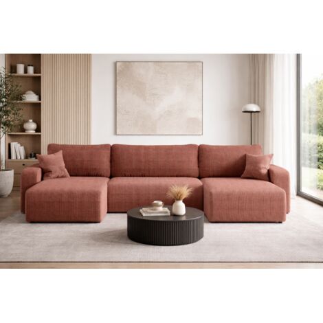 Divano angolare reversibile PIANIOO U trasformabile – Velluto a coste color rame, ampio vano contenitore, funzione letto, angolo universale sinistro/destro