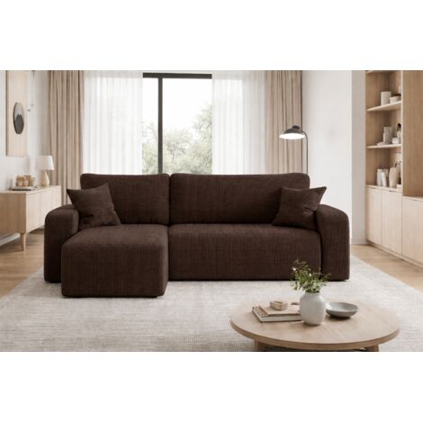 Divano angolare reversibile PIANIOO L trasformabile – Velluto a coste marrone cioccolato, funzione letto, ampio vano contenitore, angolo universale sinistro/destro