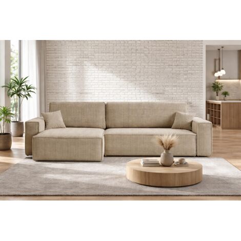 Divano angolare trasformabile reversibile CARLOS XL – Velluto a coste beige, ampio vano contenitore, funzione letto, montaggio universale