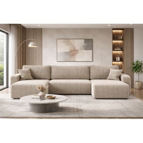 Divano angolare reversibile PIANIOO U trasformabile – Velluto a coste color beige, ampio vano contenitore, funzione letto, angolo universale sinistro/destro