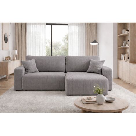 Divano angolare reversibile PIANIOO L trasformabile – Velluto a coste grigio, funzione letto, ampio vano contenitore, angolo universale sinistro/destro