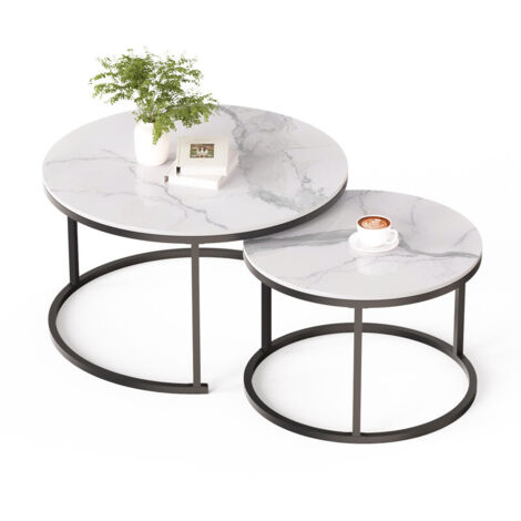 ZL ZELing Table basse ronde, table basse blanche décorative moderne, set de deux, Pierre sinterisée ronde, table d’appoint de salon (68/48 cm), structure en métal solide.