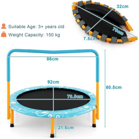 Mini trampoline pliable pour enfant, 955 x 750 mm, fitness rebounder pour tout-petits avec poignée, cadeau d'anniversaire pour enfants de 3 ans et plus, garçons et filles pour s'amuser, bleu