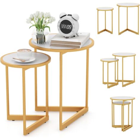 Matoresu Lot De 2 Tables Basses Rondes Gigognes Marron Rustique - Salon Chambre Balcon