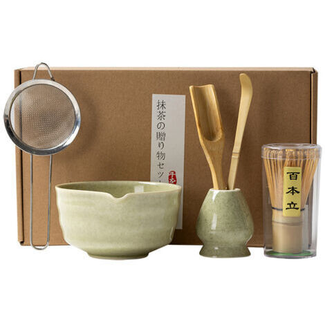Macha Kit JBER Matcha Kit 7 Pièces - Fouet En Bambou Pour Matcha, Bol à Matcha à Buse, Support Pour Fouet, Tamis à Matcha, Cuiller Et Support, Kit De Thé Japonais Pour