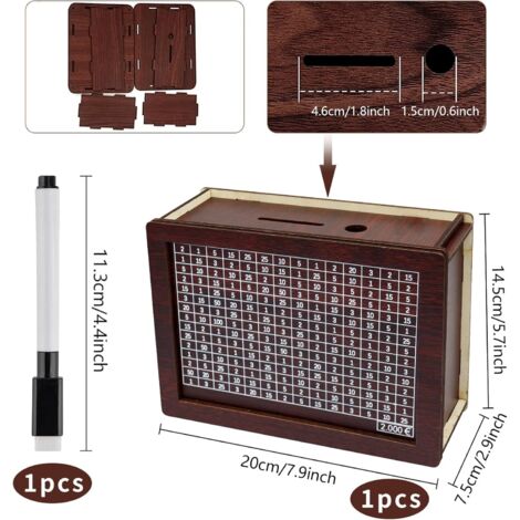 Tirelire En Bois Réutilisable Avec Compteur Numérique & Stylo Effaçable - Objectif Épargne 3000