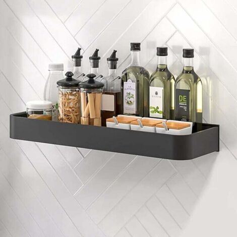 Étagère à épices murale sans perçage, 40 cm, noire, idéale pour la salle de bain et la cuisine. (1/5)