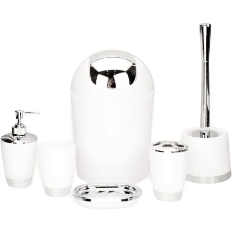 Ensemble de 6 accessoires de salle de bain comprenant un distributeur de savon, une brosse WC et un porte-brosse blanc. (1/5)