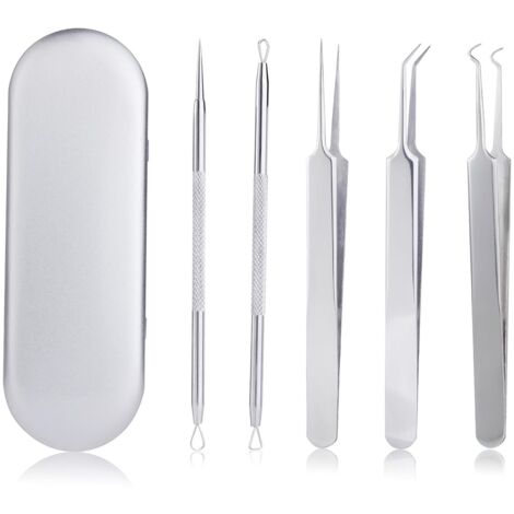 Kit d'extraction de points noirs (5 pièces) - Pince à épiler incurvée - Extracteur de points noirs pour peaux sensibles - Coffret en métal argenté (1/5)
