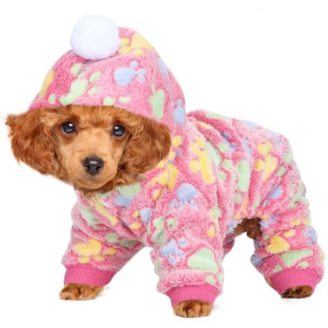 Combinaison pyjama chaude rose rouge à motif pattes de chien, taille XS, pour chiens, chats et petits animaux, idéale pour l'automne et l'hiver. (1/5)