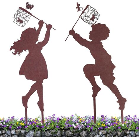 Ensemble de 1 silhouette de fille en métal pour décoration de jardin, silhouette vintage en métal - charmante sculpture artisanale en fer forgé représentant des enfants attrapant une fillette (1/4)