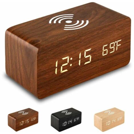 Réveil numérique LED, design classique en bois rouge avec affichage blanc, horloge de bureau multifonctionnelle avec affichage de l'heure, de la température et luminosité réglable (1/5)