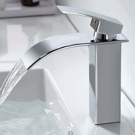Robinet de salle de bain cascade moderne, robinet de lavabo cascade au design élégant, mitigeur de salle de bain en laiton, eau chaude et froide disponible, robinet cascade chromé G 3/8 (1/5)