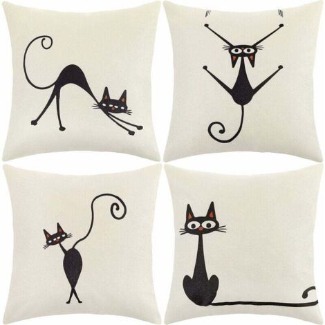 Housse de coussin 45x45 cm, lot de 4 housses de coussin décoratives à motifs floraux, marins et végétaux tropicaux pour canapé et fauteuil de salon (chat, coton et lin) (1/5)
