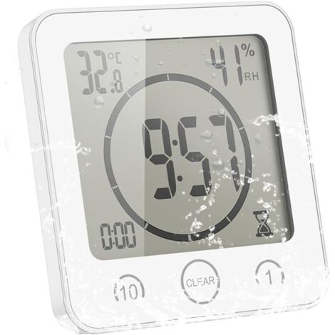 Horloge de Salle de Bain, Alarme Numérique LCD avec Horloge de Douche Tactile étanche, Humidité de la Température, Compte à Rebours, 3 Méthodes de Montage, Alimentation par Batterie (Blanc)