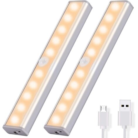 Lampe de Placard Lot de 2, Détecteur de Mouvement Lampe d’Armoire 10 LED Adhésif Bande Magnétique sans Fil USB Rechargeable pour Placard, Chambre, Escalier, Cuisine Blanc Chaud (1/5)