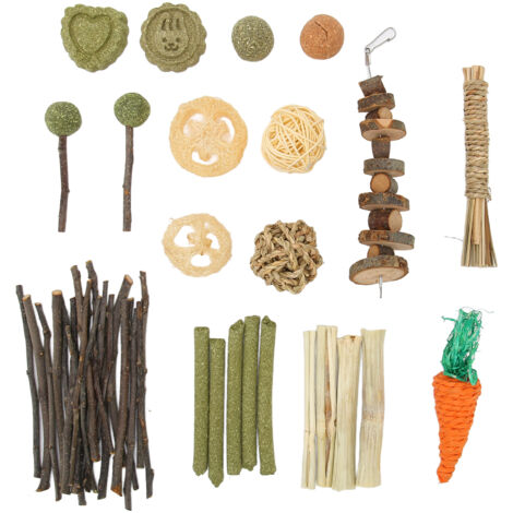 Ensemble de jouets à mâcher pour lapins : ficelle naturelle, balle en rotin, gâteau d'herbe, tranches de luffa, bambou sucré, jouet à mâcher pour hamsters. (1/5)