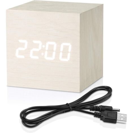 Réveil numérique blanc, mini réveil cube moderne en bois avec éclairage LED, affiche l'heure, la date et la température, idéal pour les enfants, la chambre, la maison, les dortoirs et les voyage