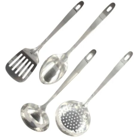 Ensemble de 4 ustensiles de cuisine en acier inoxydable : louche, spatule ajourée, cuillère et écumoire (1/5)