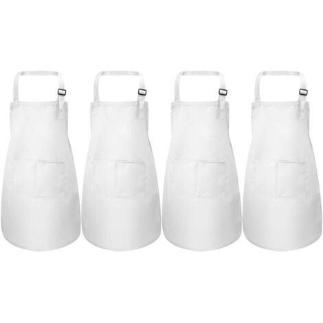 4 Pièces Blanc Tablier Enfant Set, Ajustable Tablier de Chef avec 2 Poches pour Filles Garçons, Bambin Tabliers de Cuisine de Jardin, Tabliers en Coton pour Cuisson Peinture l'artisanat (7-13 Ans)