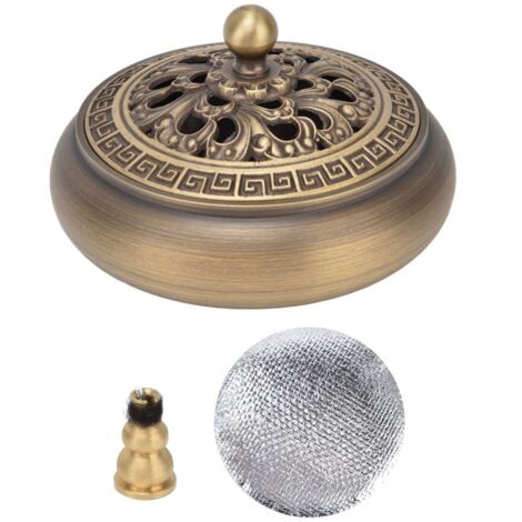 Brûleur d'encens ancien en laiton avec couvercle, ignifugé, en coton, pour la décoration intérieure et les cadeaux artisanaux (1/5)