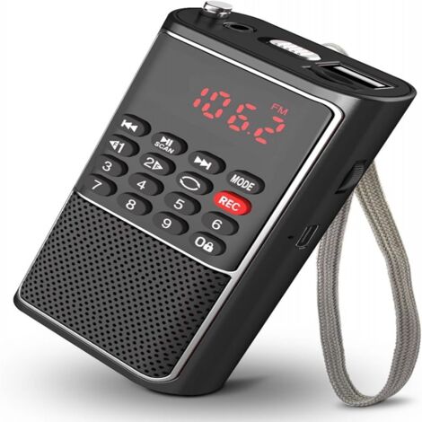 Radio FM de poche compacte et portable, alimentée par batterie rechargeable, lecteur MP3 avec port USB/carte micro SD/carte TF, clavier numérique et enregistreur, excellente réception et son, idéale p (1/5)