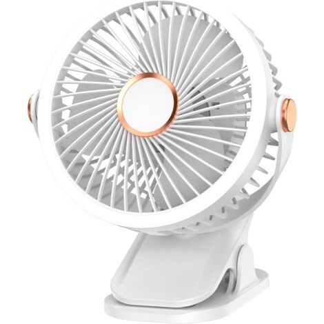 Petit ventilateur portable à pince pour bureau, rechargeable, orientable à 720°, avec lumières LED, fonctionne sur piles et se branche sur USB. Idéal pour voiturette de golf, bureau, activités de plei (1/5)
