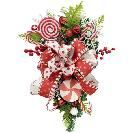 Couronne de Noël en forme de canne à sucre, guirlande de Noël en forme de larme, décoration de Noël rouge et blanche avec boules, guirlande décorative pour les murs et les portes. (1/5)
