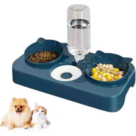 Double Gamelle Chat et Chien Surélevée, 3 en 1 Distributeurs Automatique d'eau et Nourriture pour Animaux de Compagnie, Incliné à 15°Double Bol de Nourriture, pour Les Chats et Les Chiots (1/5)