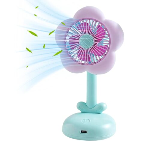 Ventilateur de bureau portable, petit format, flux d'air silencieux, rechargeable par USB, joli design floral et lumière, bleu (1/5)