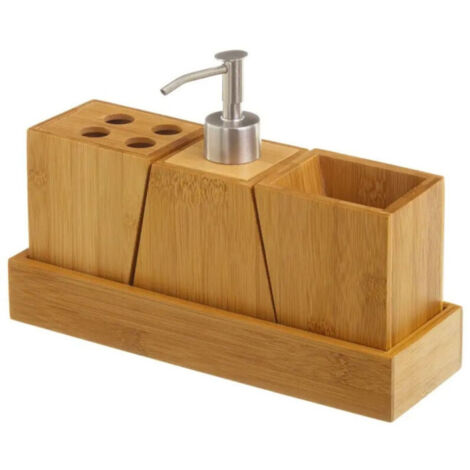 JINFGERNE Set Bambou Salle de Bain Distributeur Savon, Porte Brosse à Dents, Gobelet Rangement (1/4)