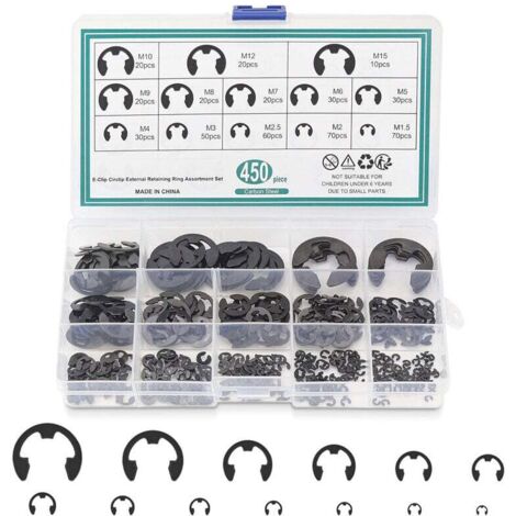 Assortiment de 420 Circlips en E - JINFGERNE - Anneaux de Retenue en Acier à Ressort, Idéaux pour Fixation de Roulements, Engrenages et Poulies, 13 Tailles Disponibles (1/5)