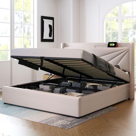 Lit rembourré double 180x200cm, boîte rangement, charge USB Type-C, tête de lit, cadre lin, base à lattes, lit jeunesse, sans matelas-Ha | Leroy Merlin