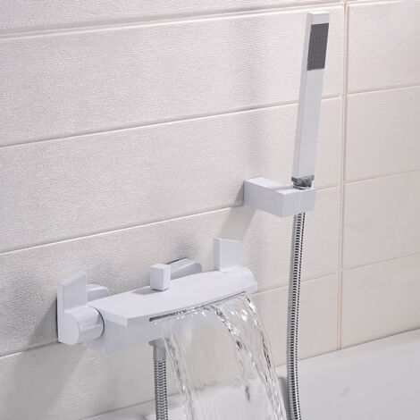 S-giant Mitigeur Baignoire Cascade Mural Robinet Baignoire Fixé Au Mur Pour Salle De Bains Robinet De Bain Avec Douche à Main Mitigeur De Bain(Porcelaine blanc B)