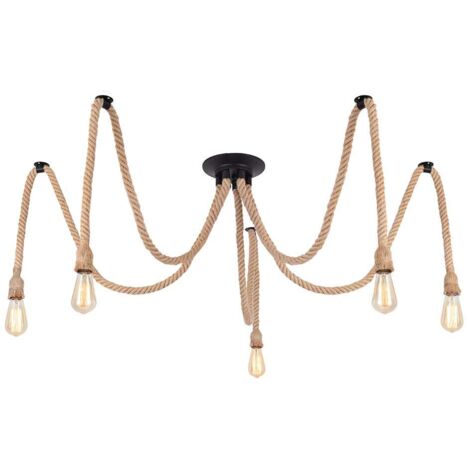 Suspension Luminaire Induistrielle Lampe Vintage Réglable Lampe Lustre,Suspensions en corde de chanvre créatif pour salon,salle de restaurant,bar,café (5 têtes) (1/5)