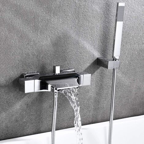 S-giant Robinet de baignoire mural à effet cascade, mélangeur pour baignoire avec douche à main, robinet mural avec tête de douche cascade, chaud & froid (Chromé) (1/5)