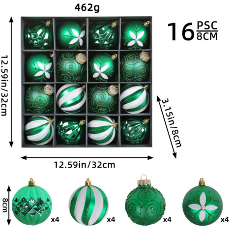 S-giant - Boule De Noel, 16 Pièces Ensemble de Boules De Noel, Décorations Darbre de Noël, Boules De Noël Avec Crochets Suspendus pour Mariage Fête Danniversaire – 8CM-vert (1/5)