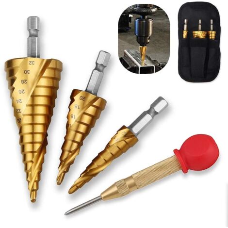 S-giant 4 pcs Forets étages Spiral Groove Bits HSS Inox Metal Triangle Foret Conique Acier Titane revêtu pour Visseuse Percage sur Acier, Laiton, Bois, Plastique (1/5)