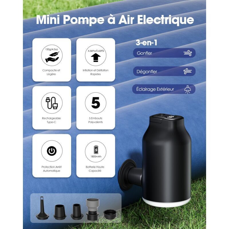 Pompe à Air Électrique Portable 4000mAh – Gonfleur Rapide Matelas Gonflable, Bateau, Piscine Avec LED Camping Et 5 Buses