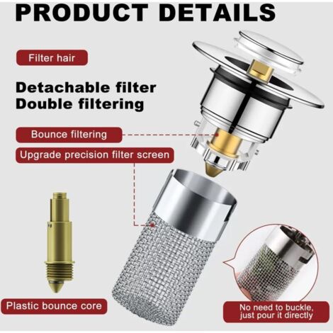 Bouchon De Vidange Filtrant Pour Lavabo - Anti-obstruction, Universel 34-40 Mm - Installation Facile Sans Outils
