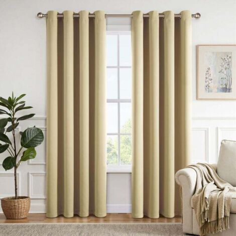 Rideaux occultants clair à œillets - Opaques, doux et esthétiques - Lot de 2, isolation thermique, anti-froid et chaud, rideaux de fenêtre, chambre, maison, salon, intérieur, 2 x 140 x 260 cm,(beige) (1/4)