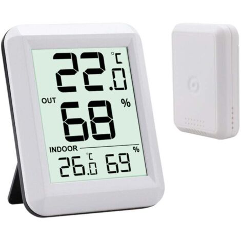 Blanc LCD, ℃/℉, Pile FournieAuto Refresh Thermomètre Intérieur et Extérieur avec Sans Fil Émetteur, Moniteur de Température et Humidimètre, Grand Écran