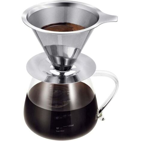 Tasse à double filtre en acier inoxydable (base moyenne, cafetière non incluse), filtre antirouille sans papier, filtre manuel, cafetière goutte à goutte en verre, cadeau café