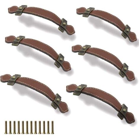 6 Pièces Poignées Tiroir Cuir 128mm Poignée de Valise Vintage Poignée pour Meuble Armoire avec Vis Marron