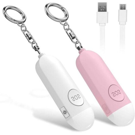Alarme de poche rechargeable 2 pièces (rose + blanc), défense personnelle de base, livrée avec sirène anti-attaque 130 DB et lumière LED, adaptée aux femmes, aux enfants et aux personnes âgées (1/4)