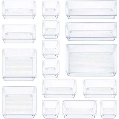 16 pièces organisateur tiroir, 5 tailles boite rangement tiroir, antidérapant organiseur maquillage, pour papeterie de bureau rangement, commode, salle de bain, cuisine (transparent) (1/4)