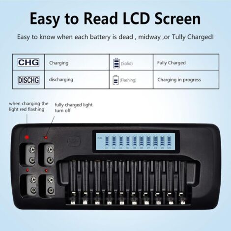 CITYORK Chargeur LCD 16 Slots Piles AA AAA - Intelligent Avec Protection IC Pour Rechargeables