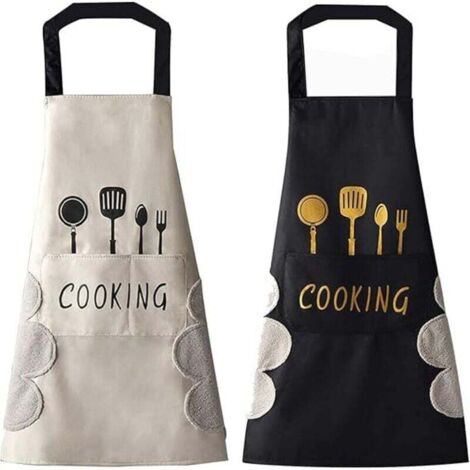 2 PCS Tablier de cuisine(Blanc et Noir) pour femme avec poches pour essuyer les mains, grande poche, essuyage à la main, imperméable pour la cuisine et la pâtisserie (1/4)