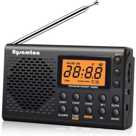 (Noir)Radio portable AM/FM/ondes courtes, radios de poche à piles, grand écran numérique, radio-réveil avec alarme et fonction veille, écouteurs inclus