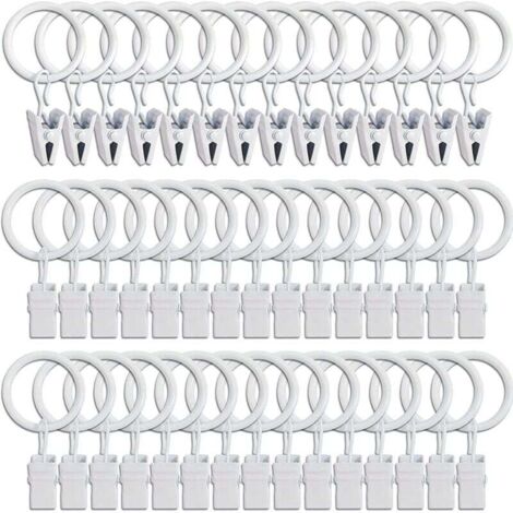 45PCS Anneaux à rideaux avec pinces - blanc, pinces à rideaux solides, crochets de fixation pour tringle de tension, crochets décoratifs pour rideaux et cadres de fenêtres à trou métallique I.D